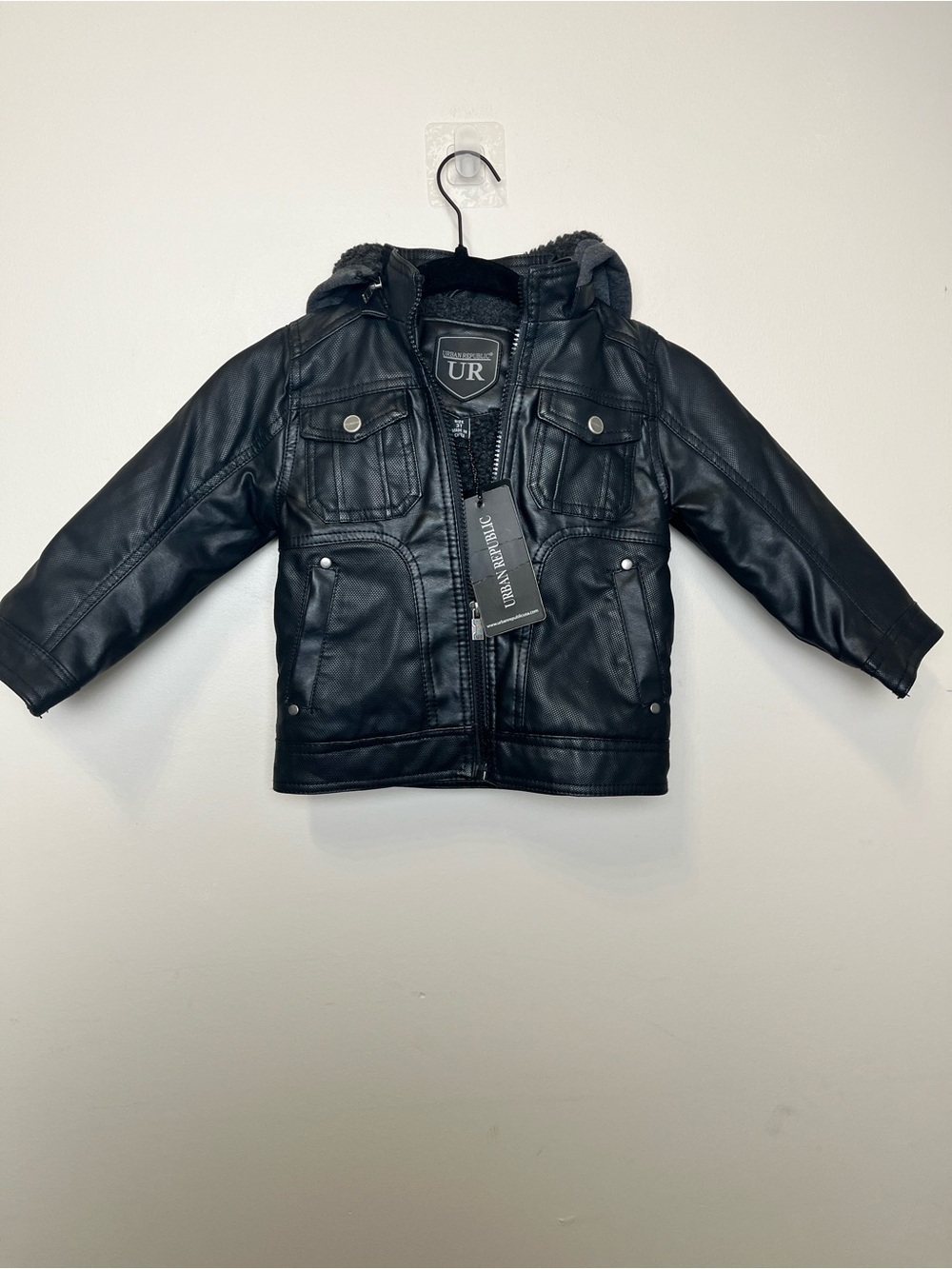 Urban Republic Black Faux Leather Hooded Kids Jacket with Sherpa Trim